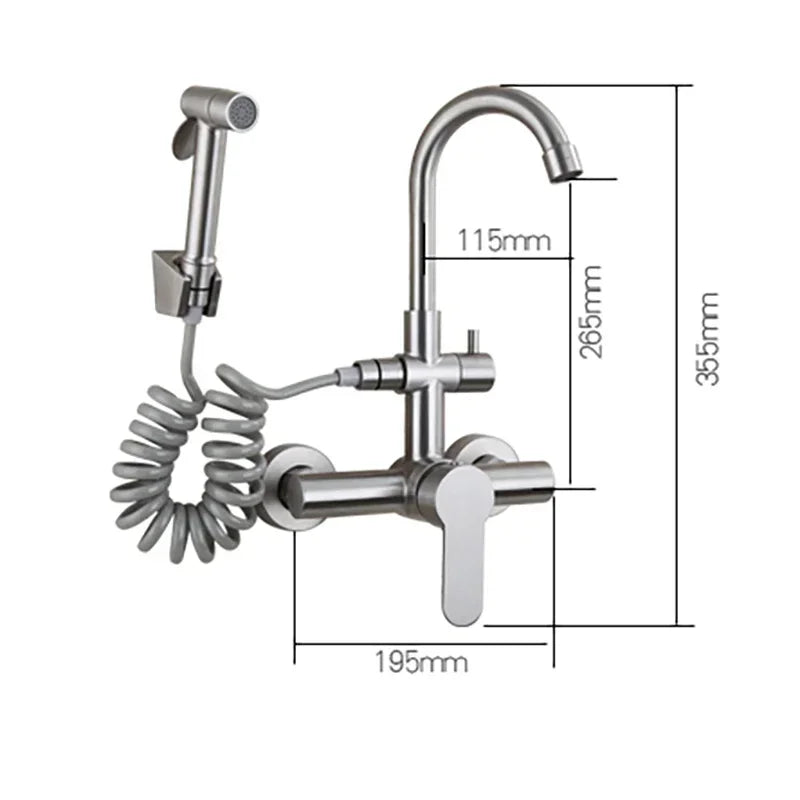Kitchen Faucet Stainless Steel Double Hole Hot and Cold Mixing Tap Wall Mount Balcony Laundry Swivel Tap With Spray Gun 주방수전