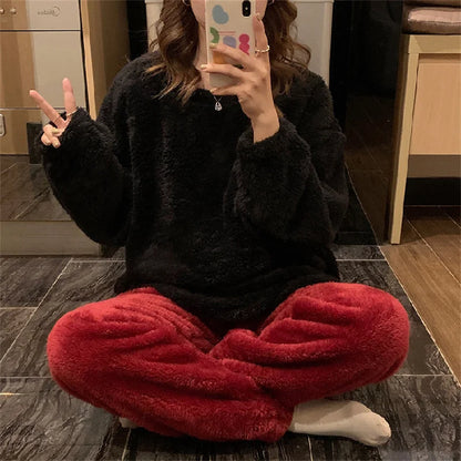 Winter Women Warm Fashion Pajama Sets Sweet   Elegant French Style Girlish Leisure Thicken Flannel Comfort Pajamas
