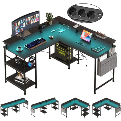 RGB Gaming Schreibtisch L-förmiger Eckschreibtisch Multifunktionaler Computertisch mit Monitorständer und Ablage