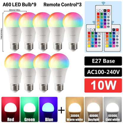 E27 RGB LED Bulb Base 24 Key Remote Control Dimmable 10W RED Blue AC220V 110V Colorful Change for Bedroom Living Room Desk Lamp