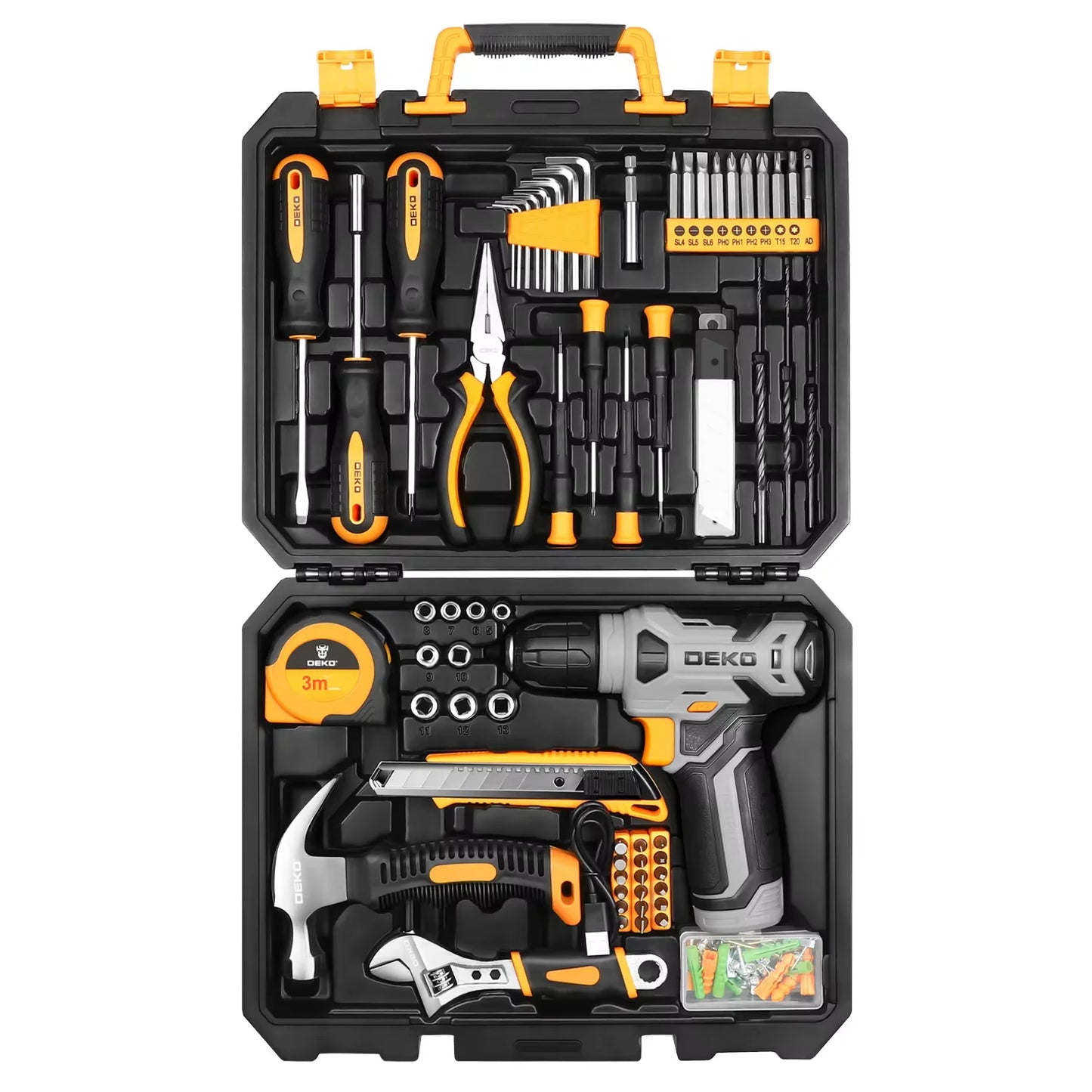 DEKO 126 Stück Elektrowerkzeug-Kombi-Sets, 10 mm, 3/8 Zoll Schnellspannbohrfutter, mit 8 V Akku-Bohrschrauber, professionelle Heim- und Haushalts-DIY-Handwerkzeug-Sets