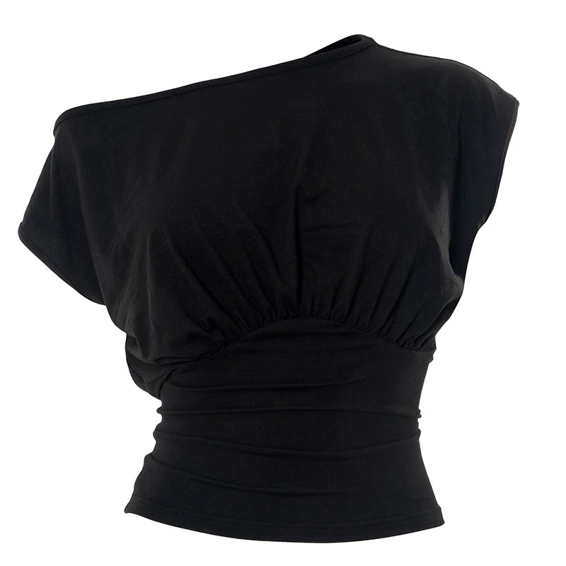 CUTENOVA Solid Color One Shoulder Slant Neck Waist Shrinking Pleated Tank Top Women'S Summer New Casual Simple Fashion Tank Top.