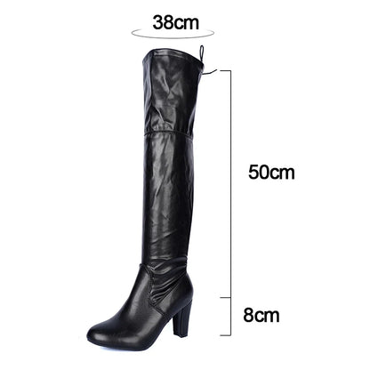 Fashion High Heel Thigh High Boots Women Autumn Winter Soft PU Leather Black Long Boots Woman Slip On Over The Knee Botas Mujer.