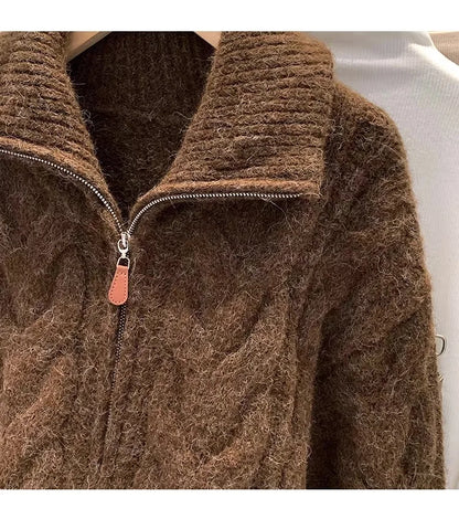 Women Autumn Winter New Lazy Style Loose Knitted Cardigan Retro Solid Color Double Zipper Turn-down Collar Sweater New Women Top.