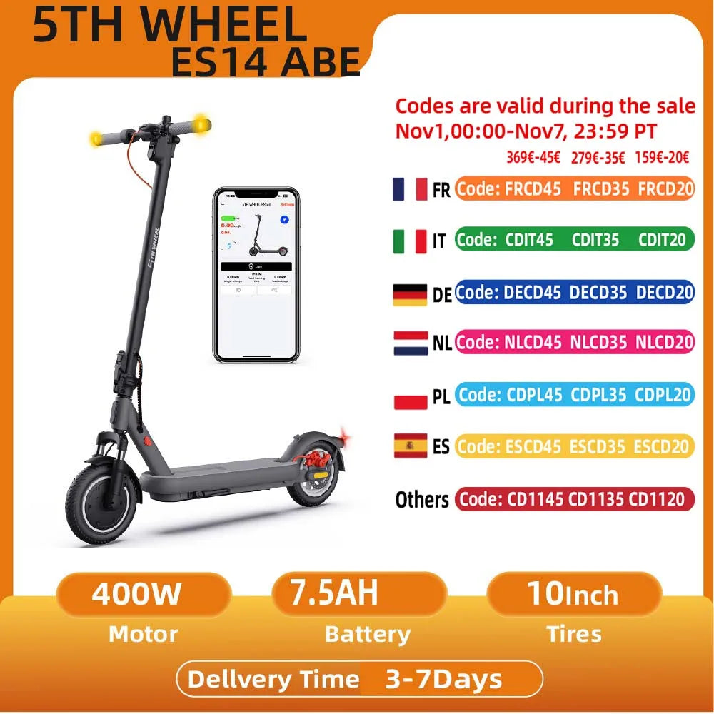 5TH WHEEL ES14 （ABE)Adult E-Scooter 400W Motor 48V 7.5AH Battery City Electric Scooter 10" Solid Tires Foldable EScooter.
