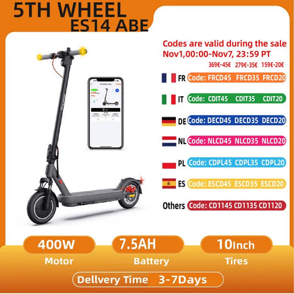 5TH WHEEL ES14 （ABE)Adult E-Scooter 400W Motor 48V 7.5AH Battery City Electric Scooter 10" Solid Tires Foldable EScooter.