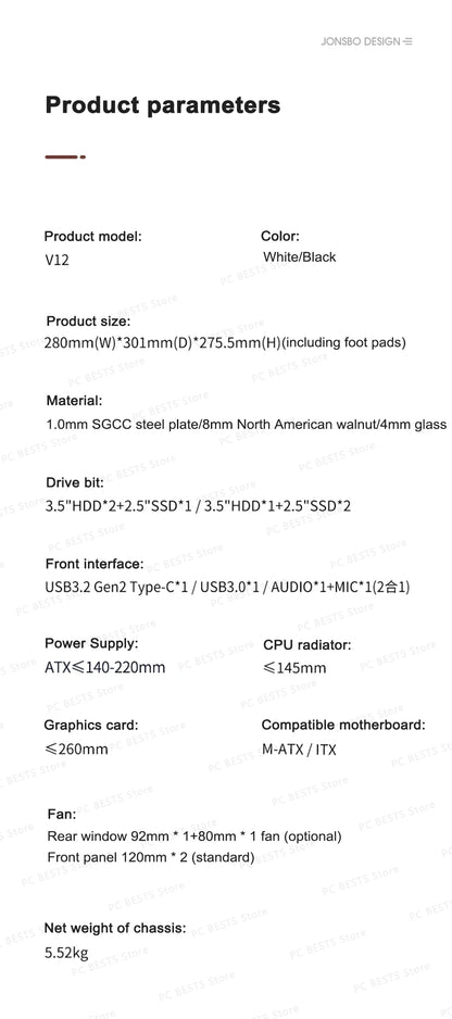 Jonsbo V12 Hyperbolic Glass PC Case MATX ITX Computer Case Seaview Room Desktop Case Mini Side Transparent Chassis 12cm Case Fan