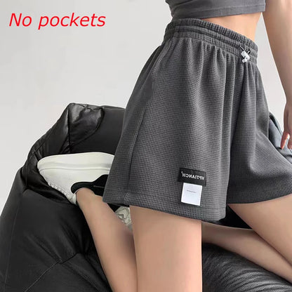 2025 Waffle Women's Shorts High Waist Black Shorts Casual Aesthetic Elastics Hot Pants Loose Summer Women's Clothing Bottoms