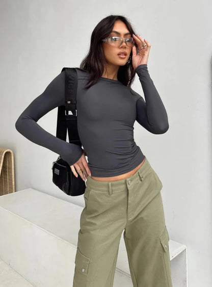 Women's Long Sleeved T-Shirt Spring And Autumn Solid Color Slim Fit Pullover Women's Basic T-Shirt Y2k Clothes Street Wear.