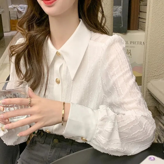 Women Clothing Spring Autumn Simplicity Office Lady Button White Polo Collar Women Shirts All-match Elegant Long Sleeve Cardigan.