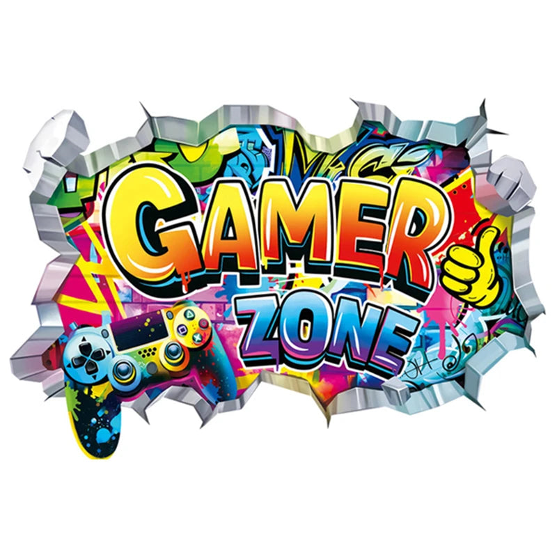 Larger Game Poster 3D Wall Hole Art Cool Gamer Zone Gamepad Vinyl Mural Stickers Home Decoration for Kids Bedroom Gaming Rooms