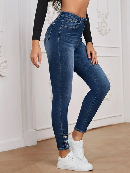 Elastic Women's Jeans Nine-Piece Buttoned Slim Fit Blue Polypropylene Women's Pencil Pants Tight-Fit Trousers.