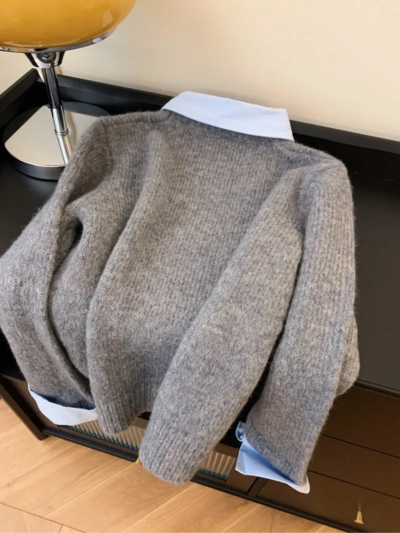 Gefälschte Zwei Shirts Kragen Pullover frauen Herbst Outfit Neue Lazy Linterior Kontrast Farbe Grau Stricken Pullover Top Mit Flip kragen.