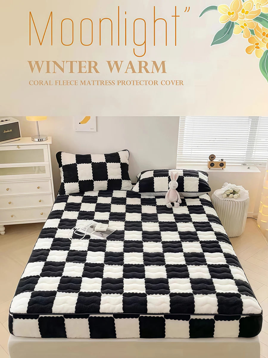 WOSTAR Winter warm coral fleece mattress protector cover fluffy plush plaid print elastic fitted sheet bed protection pad 90x200.