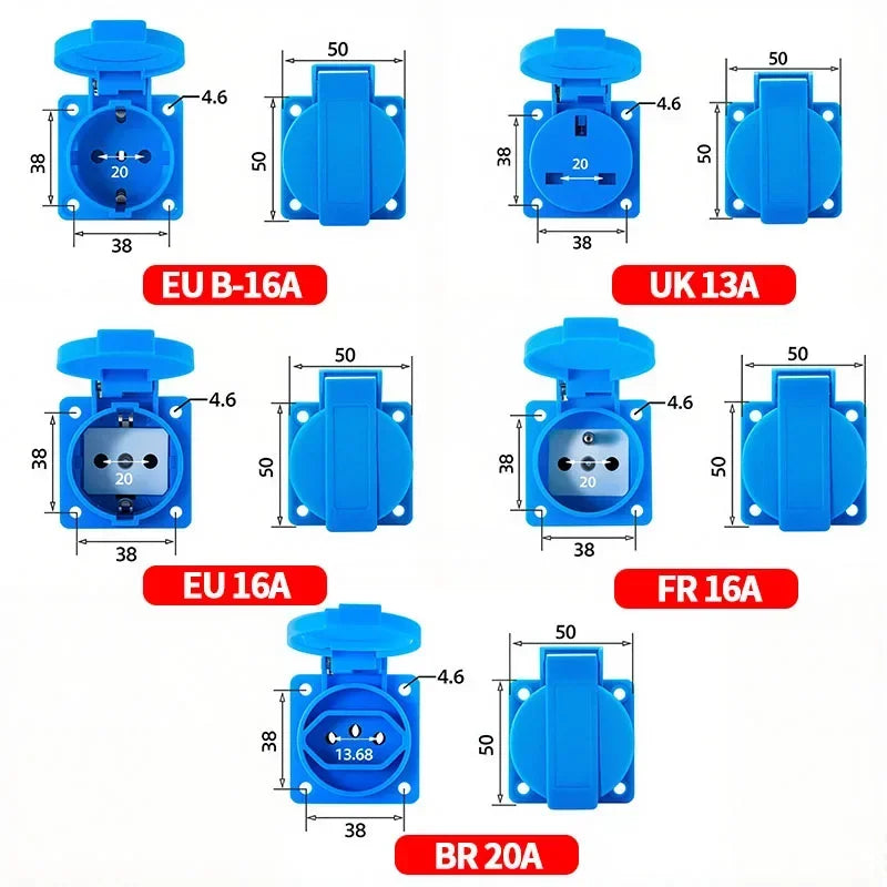 250V/16A Steckdosen IP54 Wasserdichter Industrieanschluss Panelmontage Außensteckdose 2Pin Adapter UK/EU/BR/Französisch/Deutsch.