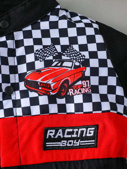 Styling-Anzug für Neugeborene, Mini-Racer-Outfit mit gesticktem Stehkragen und Denim-Overall mit Reißverschluss.