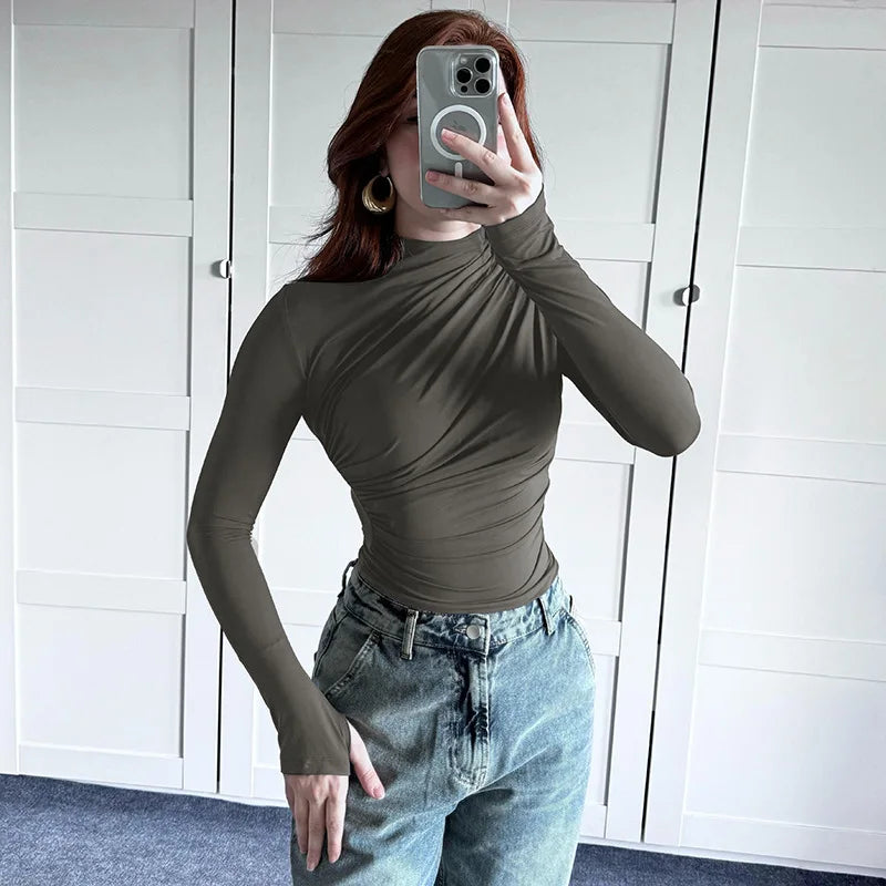 2025 Autumn Solid Color Folds Turtleneck Slim T Shirt Women Long Sleeves Bottoming Shirt Ladies Tee Shirt Tops Camisetas Mujer