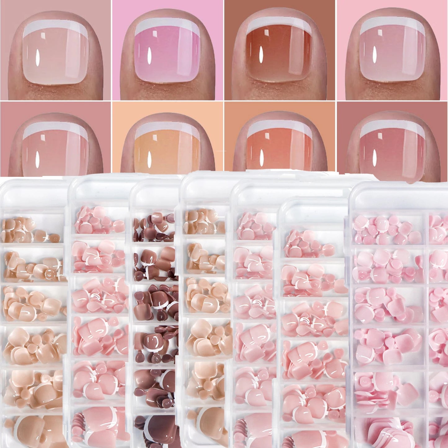 120Pcs Glossy Nude Pink French Press-On-Toenail Set 1*Box Short French Square  Fake Toe Nails Solid-Color Manicure Toenails Tips.