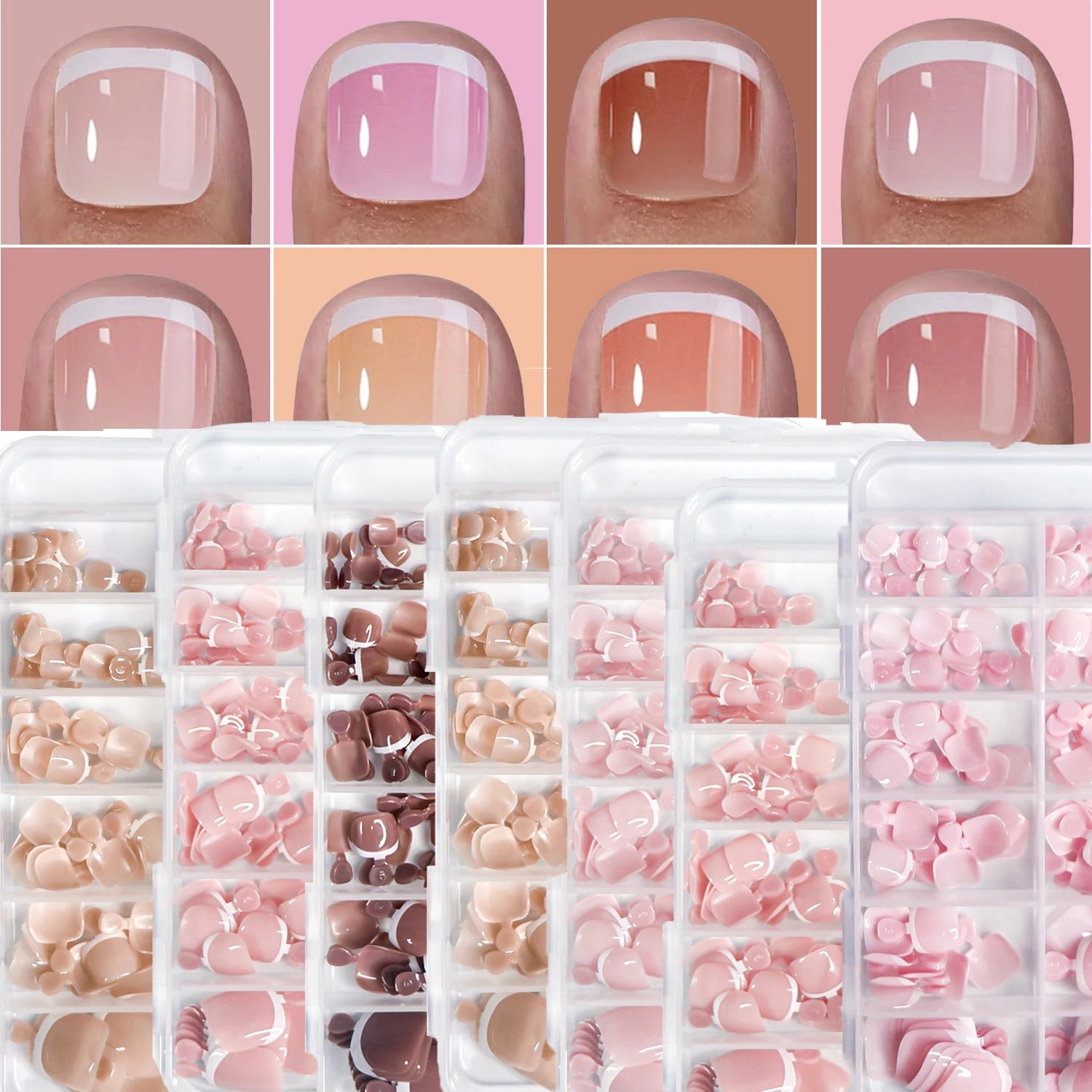 120Pcs Glossy Nude Pink French Press-On-Toenail Set 1*Box Short French Square  Fake Toe Nails Solid-Color Manicure Toenails Tips.