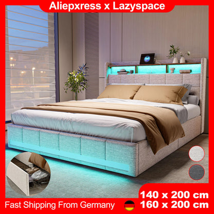 Lazyspace Leinen-Polsterbett, Bettrahmen mit Stauraum, 4 Schubladen, LED-Lichtleiste und USB-Aufladung vom Typ C
