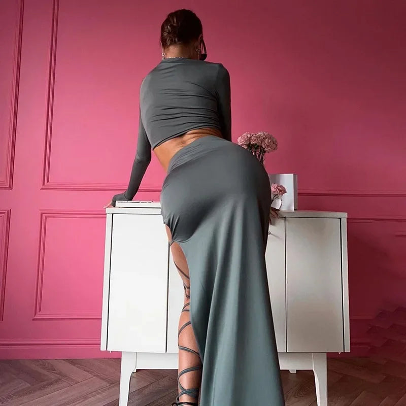 D23st272 Women's Autumn New Solid Color Casual Long Sleeve Round Neck Top Slimming Smooths Your Silhouette Tie Half Dress Suit.