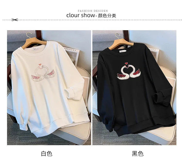 175 kg Übergröße Damen Büste 170 Herbst Lose Rundhals Langarm Diamant Schwan Sweatshirt Schwarz Weiß 5XL 6XL 7XL 8XL 9XL.