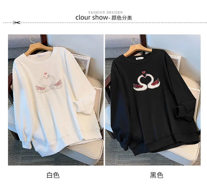 175 kg Übergröße Damen Büste 170 Herbst Lose Rundhals Langarm Diamant Schwan Sweatshirt Schwarz Weiß 5XL 6XL 7XL 8XL 9XL.
