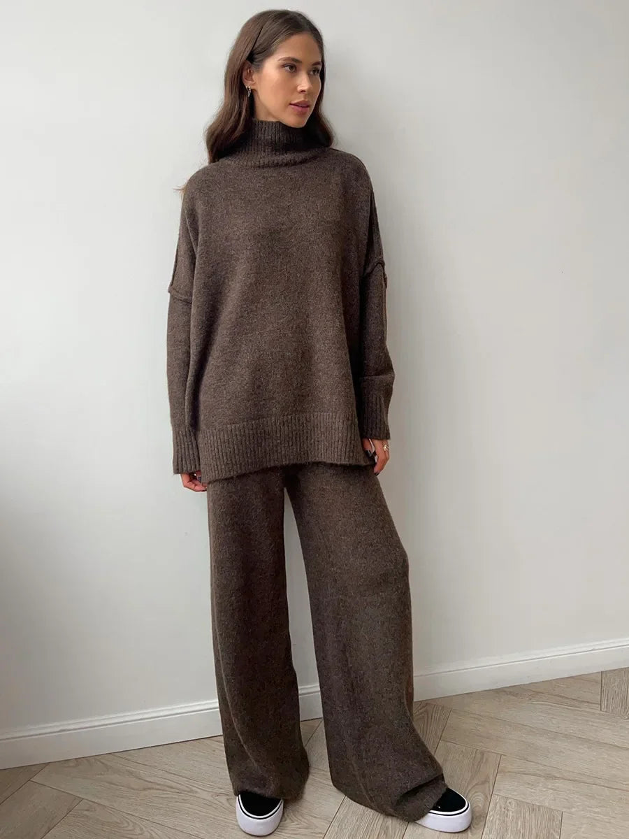 2025 Turtleneck Sweater Set Women's European, American Autumn and Winter New Loose Casual Lazy Thickened Knitted Trousers Set