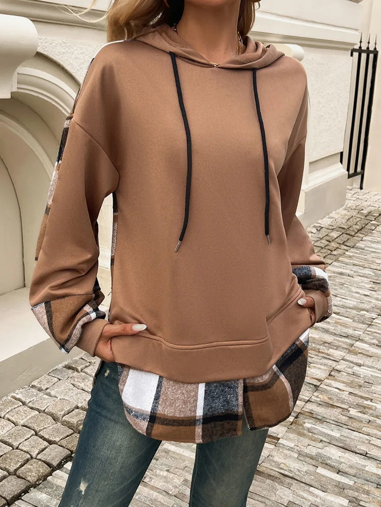Women's Hoodie For Autumn And Winter 2025; Color-blocked Casual Pseudo Two-piece Raglan Long-sleeved Sweat For Women.