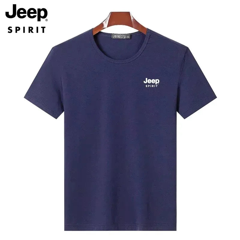 JEEP SPIRIT Mens T-shirt Summer 100%Cotton 230g Heavy Print Sports Breathable Round Neck Top Loose Solid Short Sleeve