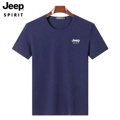 JEEP SPIRIT Mens T-shirt Summer 100%Cotton 230g Heavy Print Sports Breathable Round Neck Top Loose Solid Short Sleeve