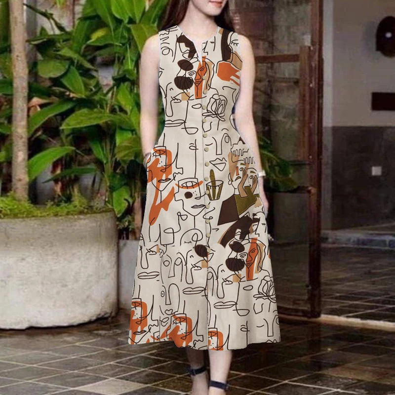 ZANZEA Elegante Damen-Midikleider, Sommer, ärmellos, Party-Sommerkleid, stilvoll, V-Ausschnitt, Urlaub, Arbeit, Vestidos, bedruckt, A-Linien-Kleid.