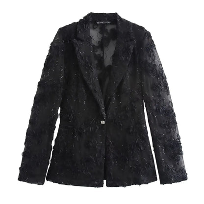 MUJER Sequin Pants Sets for Women 2 Pieces Flower Women's Pants Blazer Suits 2 Pieces Sets Women Outfit Semi Sheer Trousers Sets