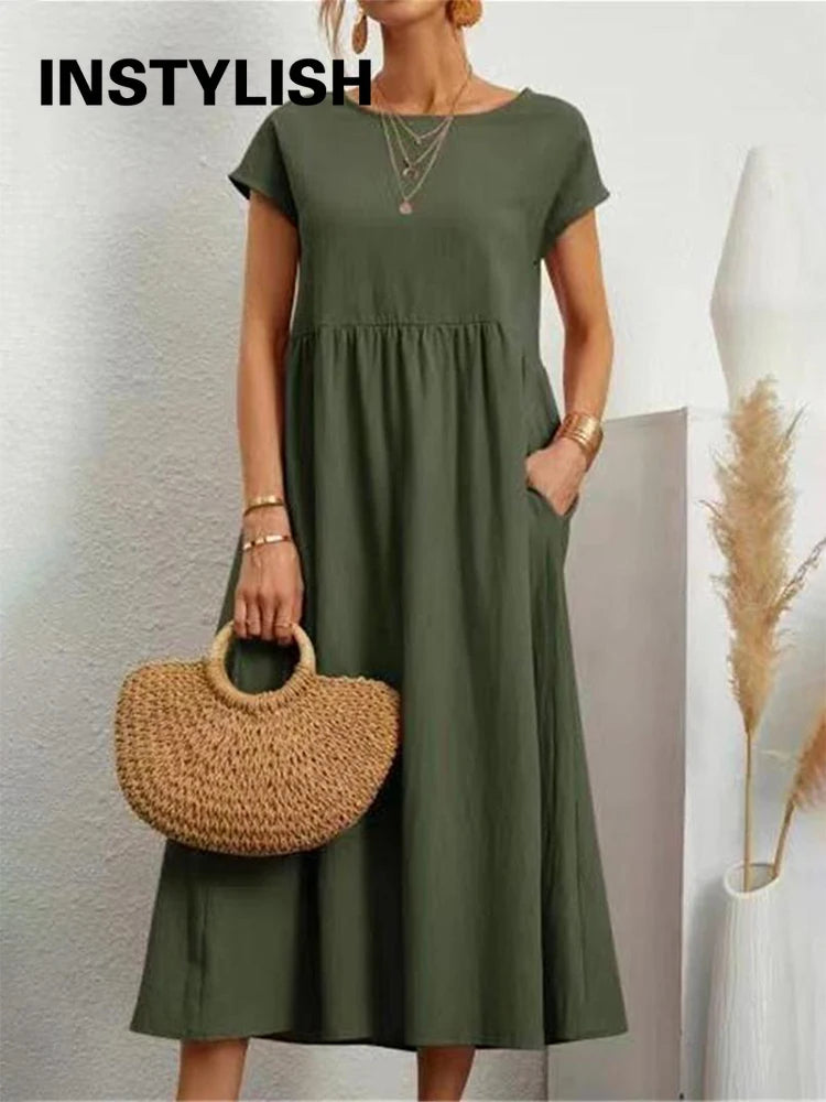Vintage Solide Midi Kleid Casual Kurzarm Baumwolle und Leinen Harajuku Übergroßen Langes Kleid Frauen Sommer Y2K Maxi Sommerkleid 2023.