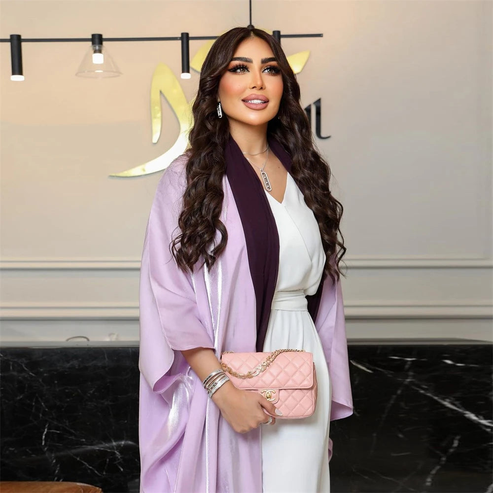 Ramadan Dubai Pink Satin Modest Open Butterfly Batwing Kimono Abaya Cardigan Islam Muslim Dress For Women Kebaya Robe Musulmane.