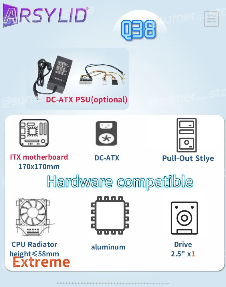 ARSYLID Q38 ITX Aluminum Chassis Pull-Out Style Mini Case 58mm CPU Radiator.