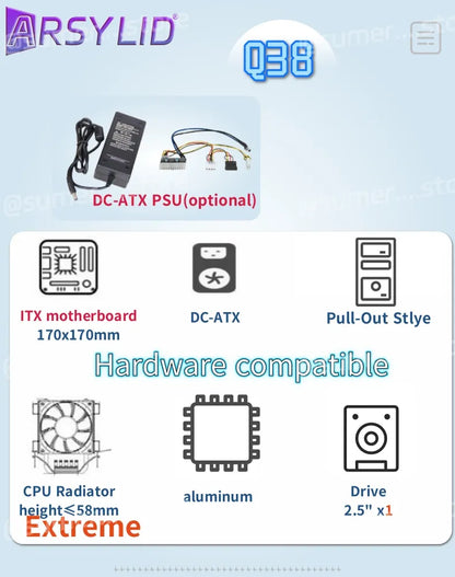 ARSYLID Q38 ITX Aluminum Chassis Pull-Out Style Mini Case 58mm CPU Radiator.