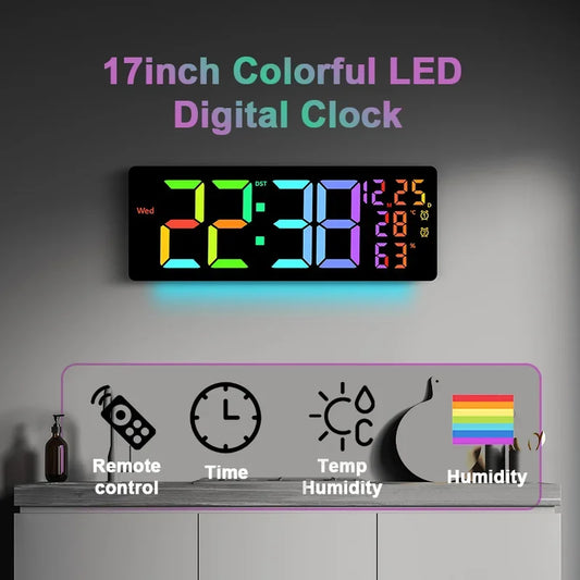 17-Zoll großer digitaler Wecker mit 11 Farben und dynamischem RGB-Display, RGB-LED-Wanduhr mit Farbwechsel/Doppelalarm/Raumdekoration