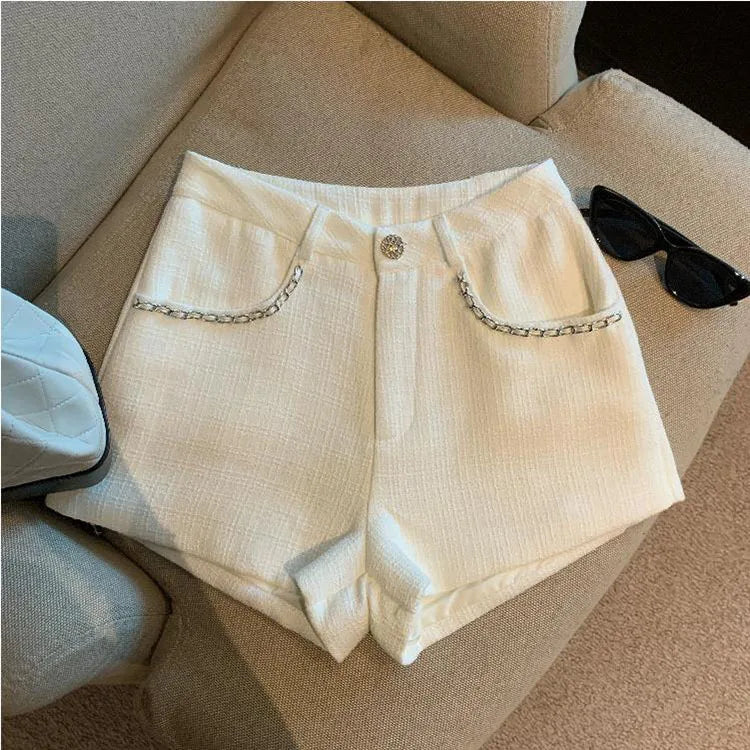 Fashion Tweed High Waist Women Shorts Autumn Winter Slim Office Woolen Black Shorts Women.