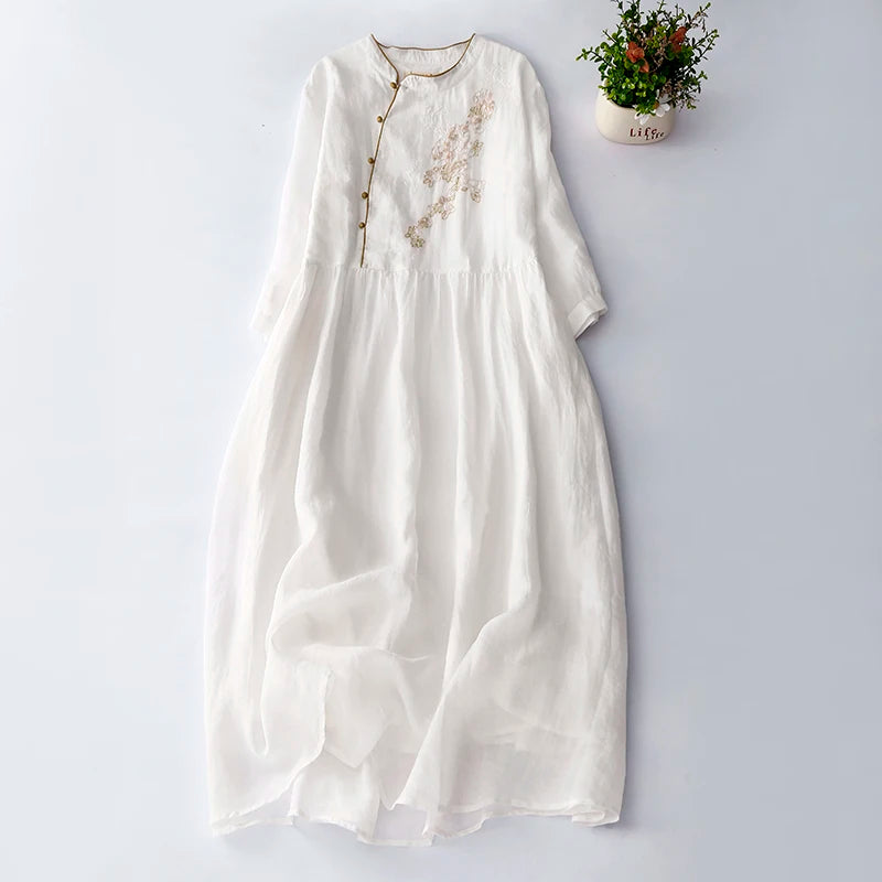 Vintage lange Damen kleider neue chinesische Stickerei koreanische Kleidung Sommer Kurzarm lose Freizeit kleid.