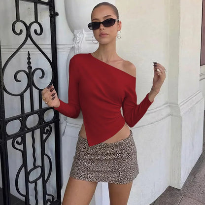 Women Casual Top Fashion Slim Slit Long Sleeve Pullover Top Sexy Strapless Pleated New Party Looks Top Female Streetwear.