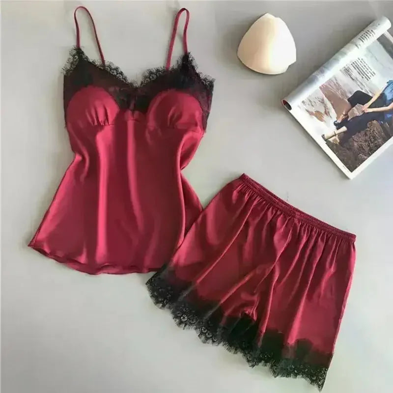 Frauen Eis Seide Pyjama Anzüge Mode V-ausschnitt Spitze Stretch Satin Nahtlose Sexy Dessous Homewear Pyjamas Shorts Set Nachtwäsche Neue.