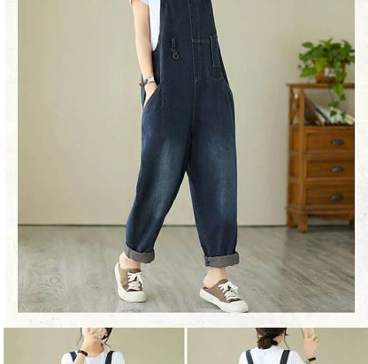 Denim Jumpsuits for Women Pocket Design Korean Style Loose Straight Pants One Piece Outfit Women Overalls for Women Playsuits.