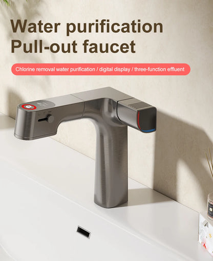 VGX Purified Bathroom Faucets Pull Out Water Filter Tap White Basin Mixer Sink Faucet Gourmet LED Display Brass Tapware Crane