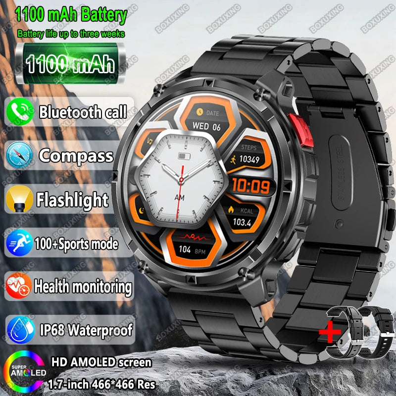2025 New Military T-Rex 3 Smart Watch Men 1100mAh Battery AMOLED  IP68 Waterproof Outdoor Compass Bluetooth CallSport Smartwatch