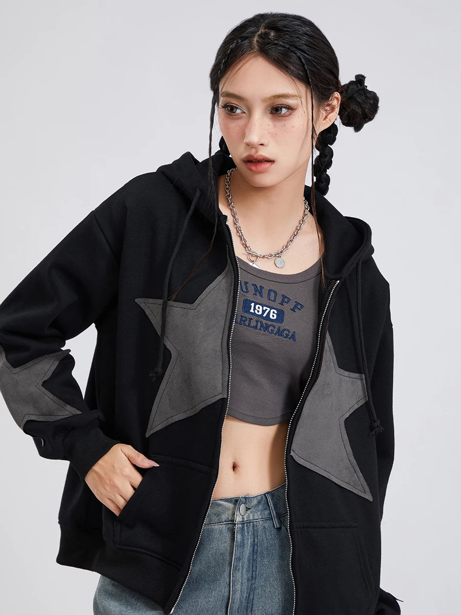 Y2K Vintage Star Print Hooded Hoodie for Women Casual Loose Long Sleeve Zip Up Drawstring Sweatshirts Autumn Spring Coat Street.