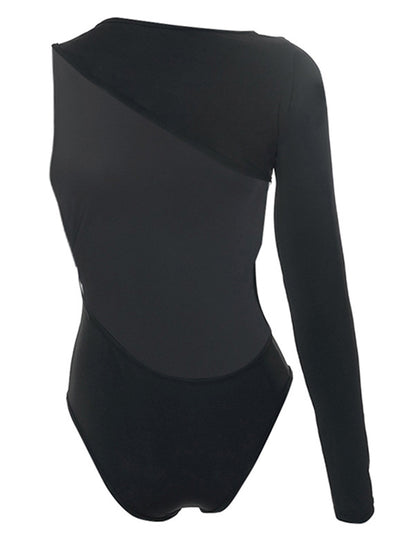 Women Spring Summer One-Side Long Sleeve Off Shoulder Backless Solid Color Casual Party Bodysuit Black Tops.