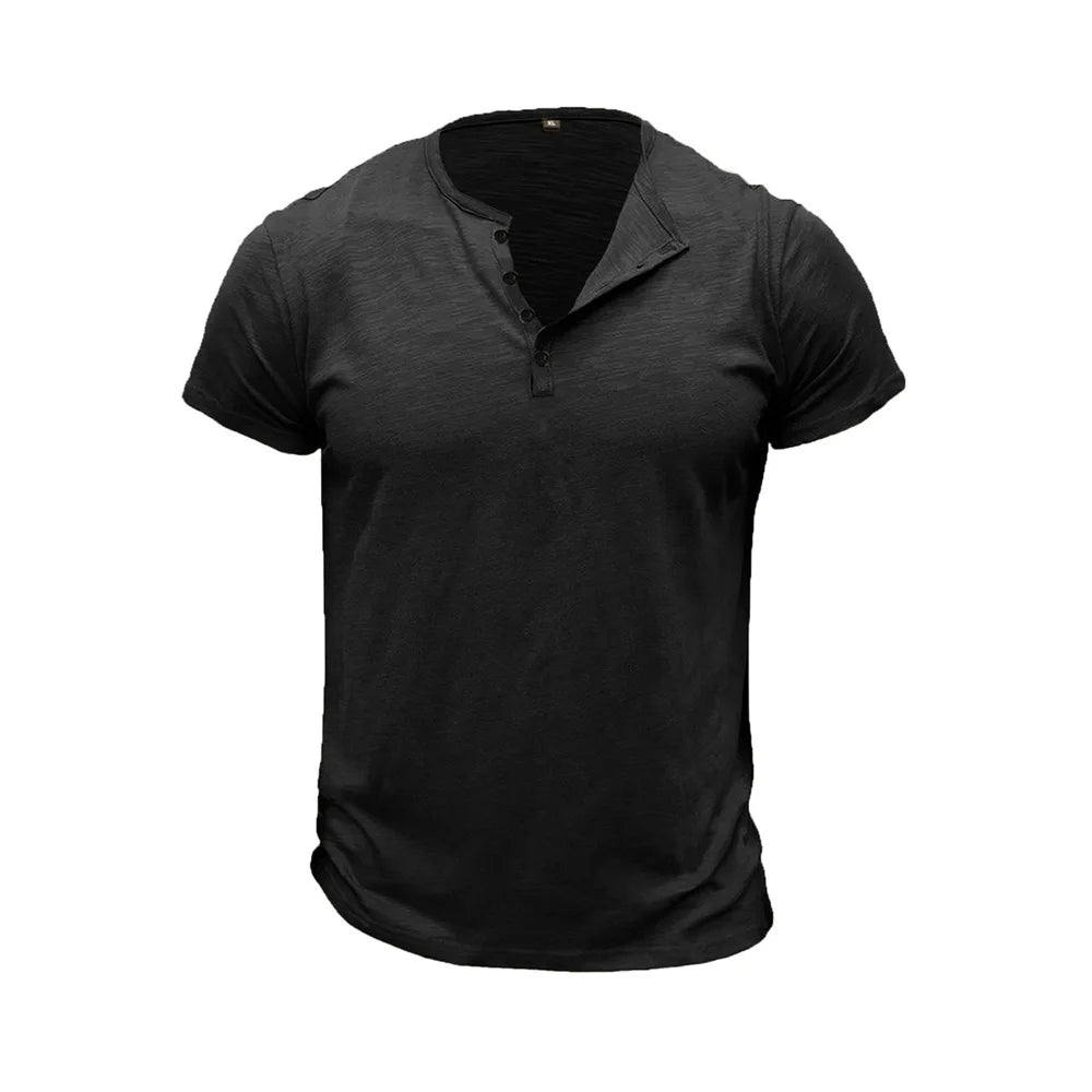 Summer Men's Cotton T-shirt Short-sleeve Henley Collar Casual Solid Color Button Tees Polo High Quality Male Cozy T-shirts.