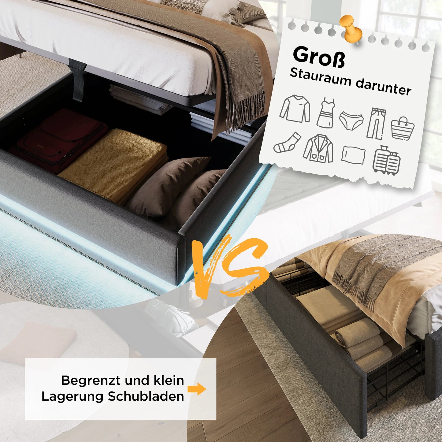 Gepolstertes Einzelbett 90x200 cm, graue Baumwolle, USB-C-Aufladung, 3-seitige LED (keine Matratze)