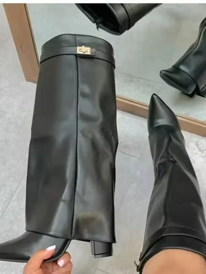 2025 Autumn And Winter Women's Pointed Toe Crude Heel Knee High Boots Female Metal Decor Pants Boots High Quality Woman Shoes.